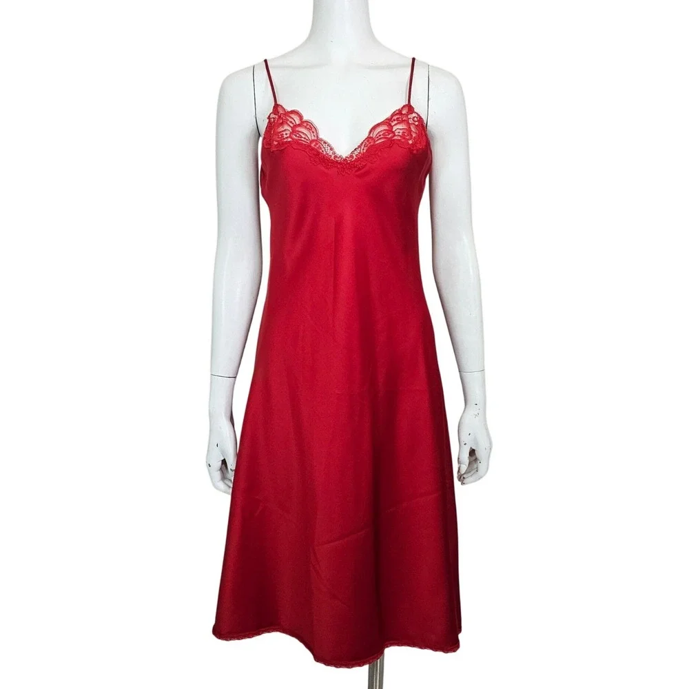 Vintage Warners Red Nylon Lace Slip‎ Dress Womens 34 Mini Chemise Nightgown USA